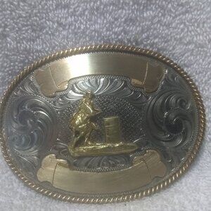 Montana Silversmiths Barrel Racing Trophy Belt Buckle Rodeo Cowgirl Nickel Nice